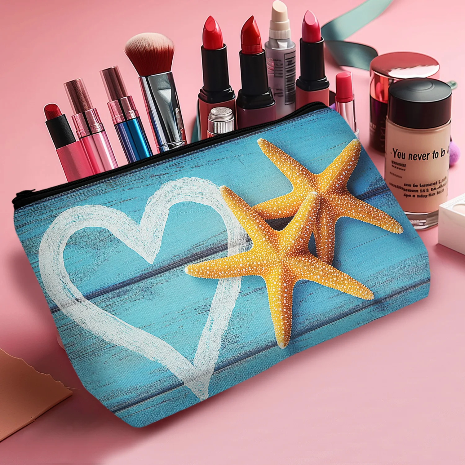 1Pc Beach Starfish Cosmetic Bag Coastal Blue Makeup Bags Travel Make Up Bags For Women Cute Zipper Best Gifts For Teachers