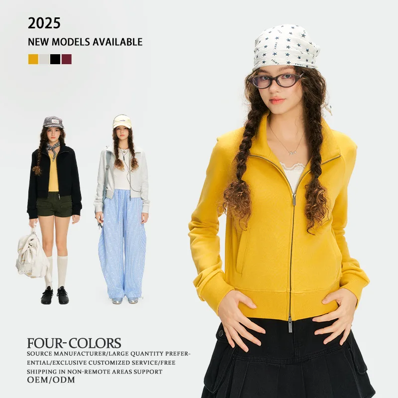 

merican style Women's retro short style hoodie Spring autumn pure cotton Double zipper head cardigan tops coat Sport fashion