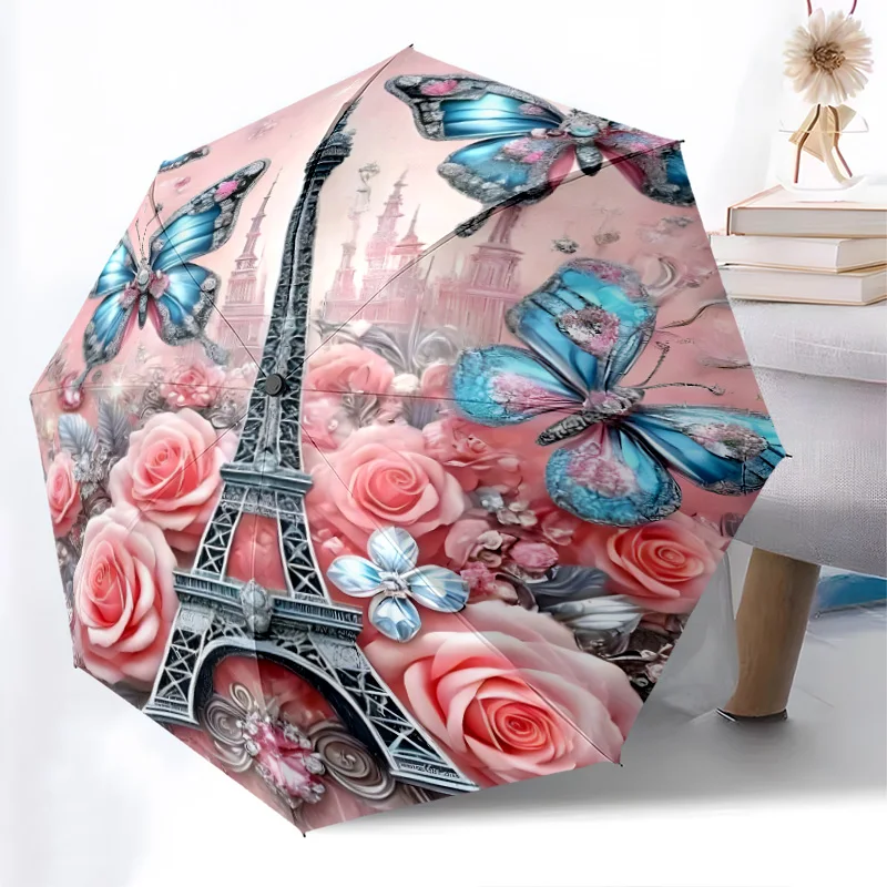 

scenery folding Umbrella Fashionable Auto-Open Design 8 Iron Ribs Plastic Handle Foldable Sunshade Perfect festival Gifts