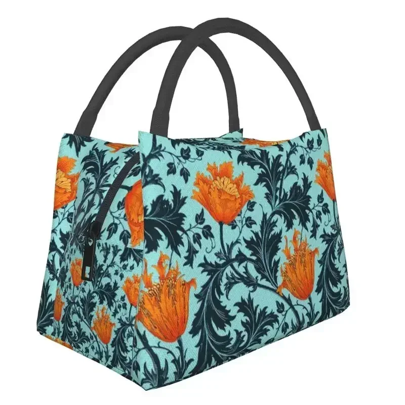 

William Morris Anemone Insulated Lunch Bags for Women Resuable Indigo Blue And Coral Thermal Cooler Box Picnic Travel