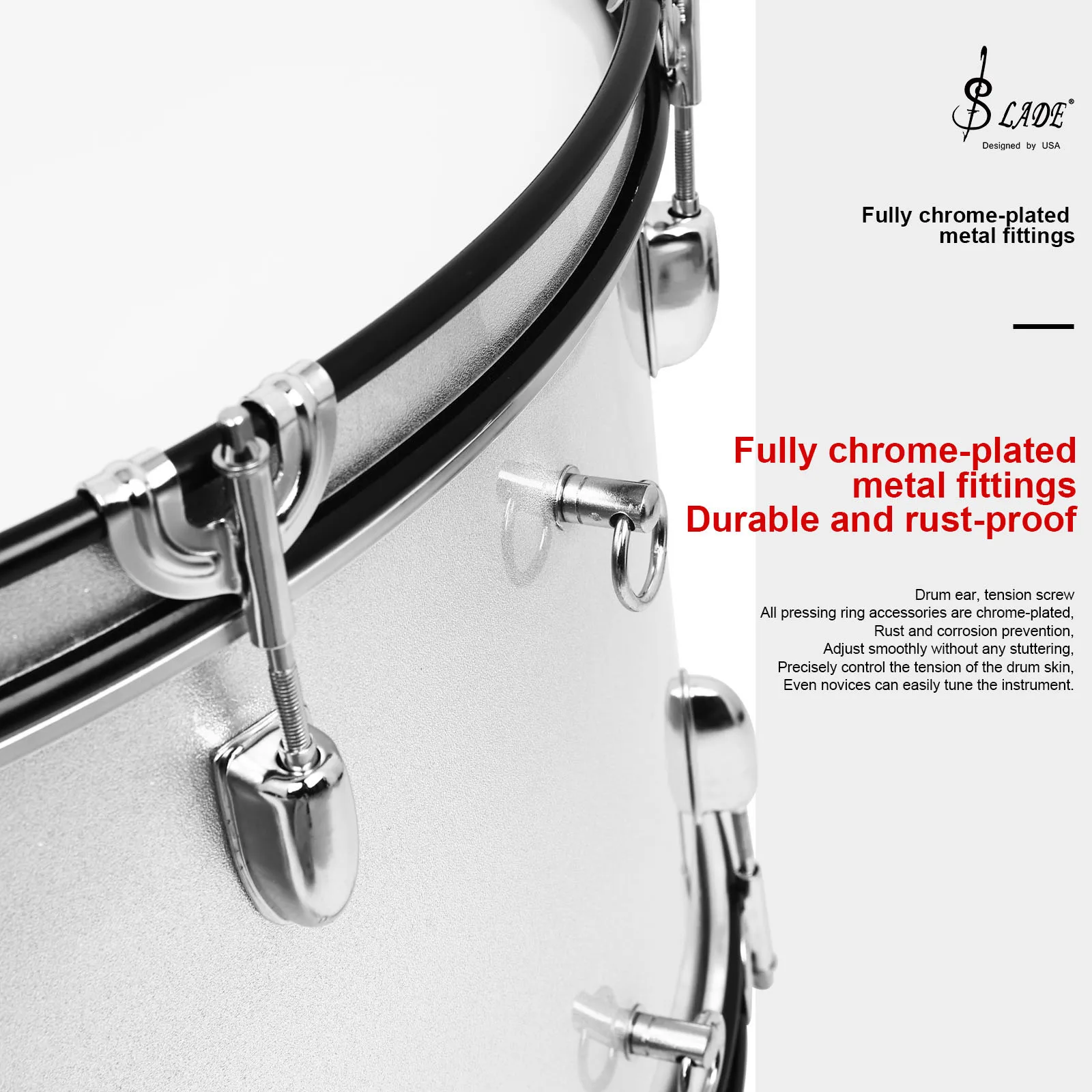 SLADE Marching Bass Drum 24x12 Silver Marching Band Drum Professional Percussion Instruments With Tuning Key Sticks Strap
