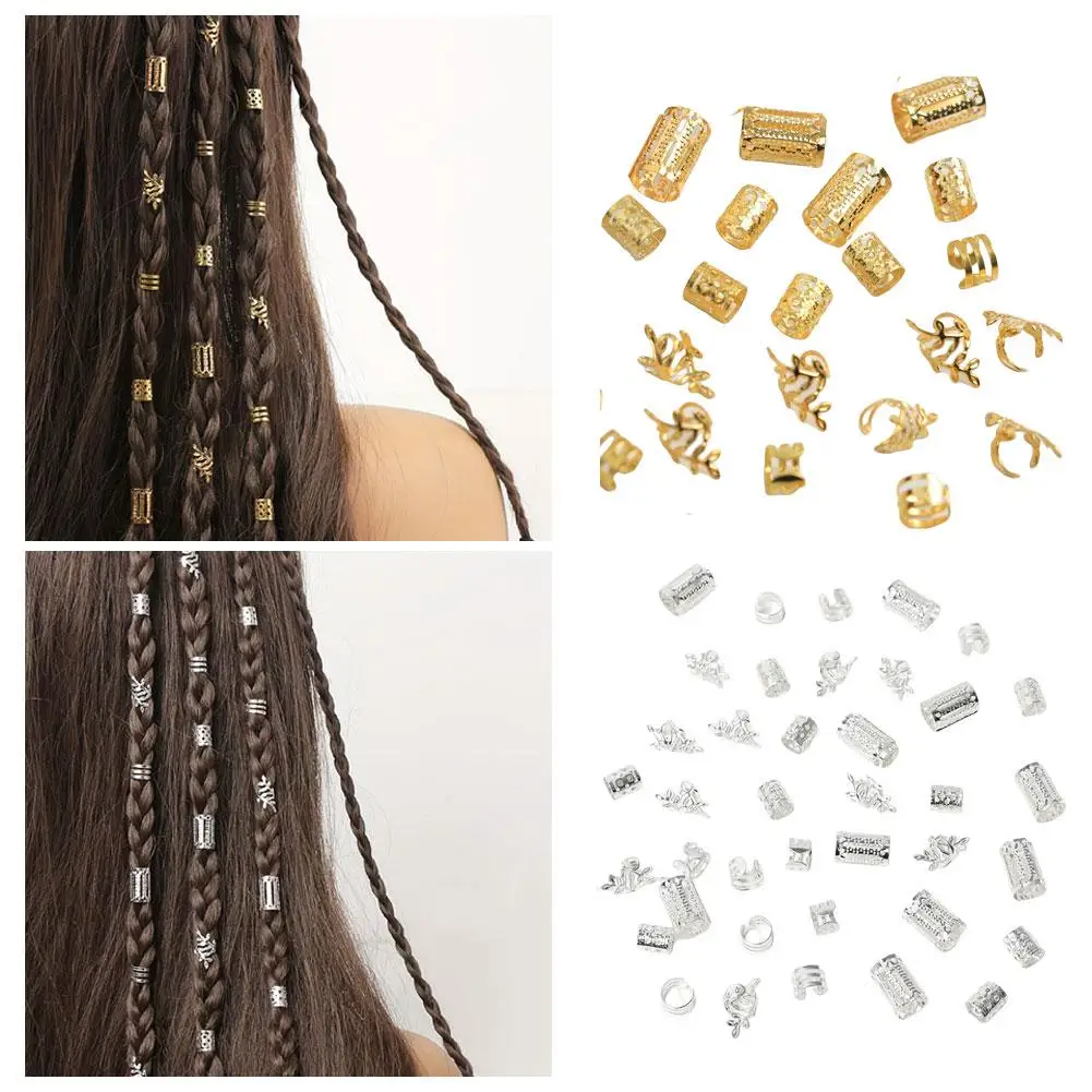 40 قطعة/المجموعة الذهب/الفضة الشعر مجوهرات ل الضفائر اكسسوارات الجوف خارج خواتم الشعر للشعر المجدل قابل للتعديل خواتم الشعر الأصفاد