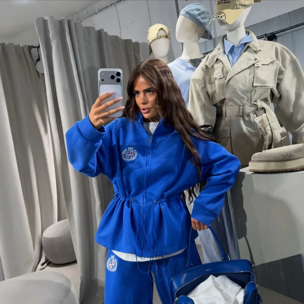 Autumn and Winter Women Casual Sports Hoodie Pants Set Street Letter Embroidery Drawstring Design Warm Jacket Casual Pants 2Pcs