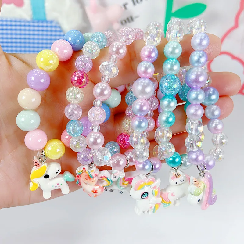 1 Uds. Pulsera única de moda con cuentas de cristal y perlas de imitación, pulseras de cristal de amistad para niñas, joyería de mano de unicornio de dibujos animados