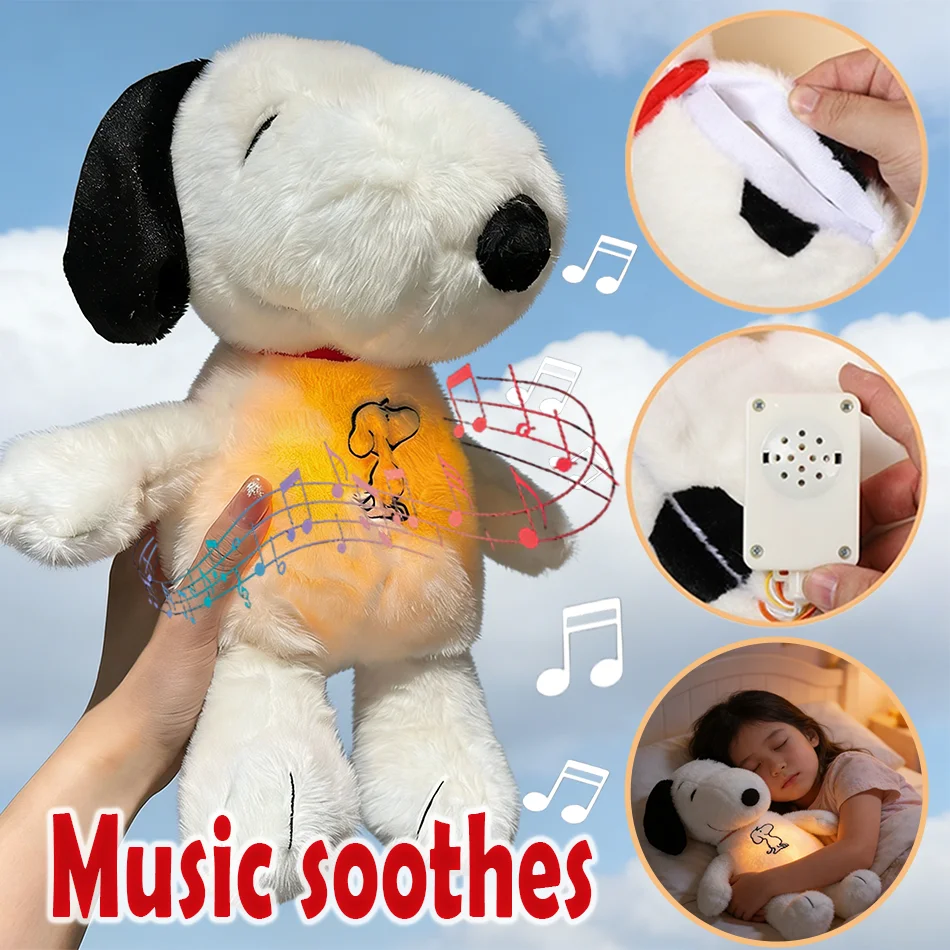 

Snoopy white dog&Lilo&Stitch Plush Doll New Baby Breathing Soothing Sleeping Companion Music and Light Doll Stuffed Toy Kid Gift