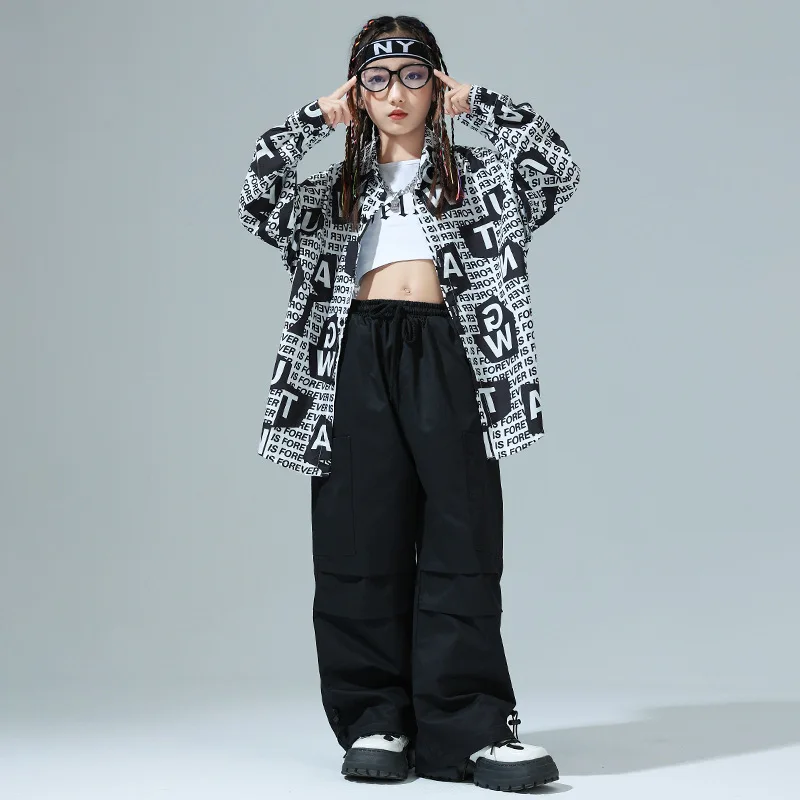Kinder Street Dance Kostüm Brief Druck Hemden Hosen Sets für Jungen Mädchen Lange Ärmel Outfits Moderne Jazz Bühne Tragen
