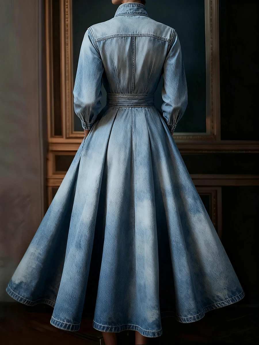 Elegant Light Blue Denim Maxi Dresses Solid Color Stand Collar Long Sleeve Pocket Pleated Belt Long Dress Party Evening Dress - view 2