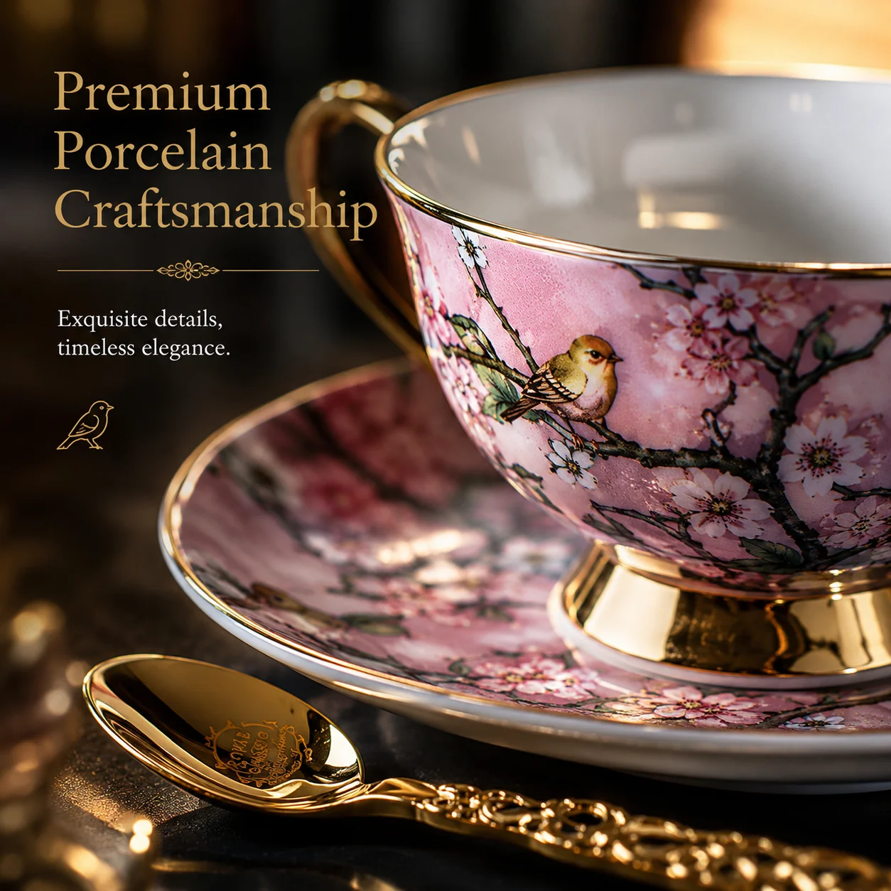 Luxury Bone China Coffee Cup Saucer Set Bird Floral Tea Cup Gold Rim Elegant Porcelain Gift Box for Women Birthday Wedding