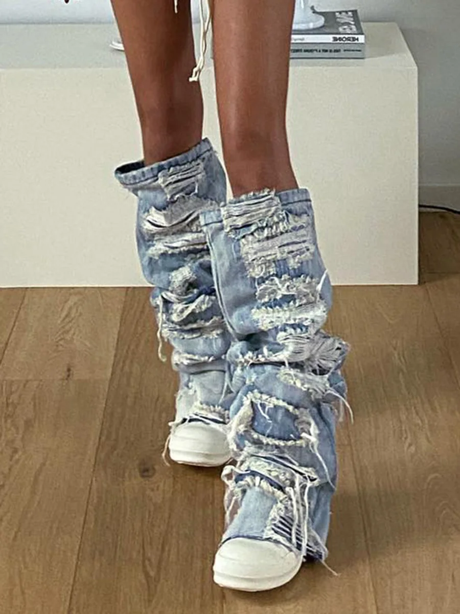 Women Vintage Lace-Up Denim Leg Warmers Gothic Thigh High Stockings 80s 90s Harajuku Boot Cuffs