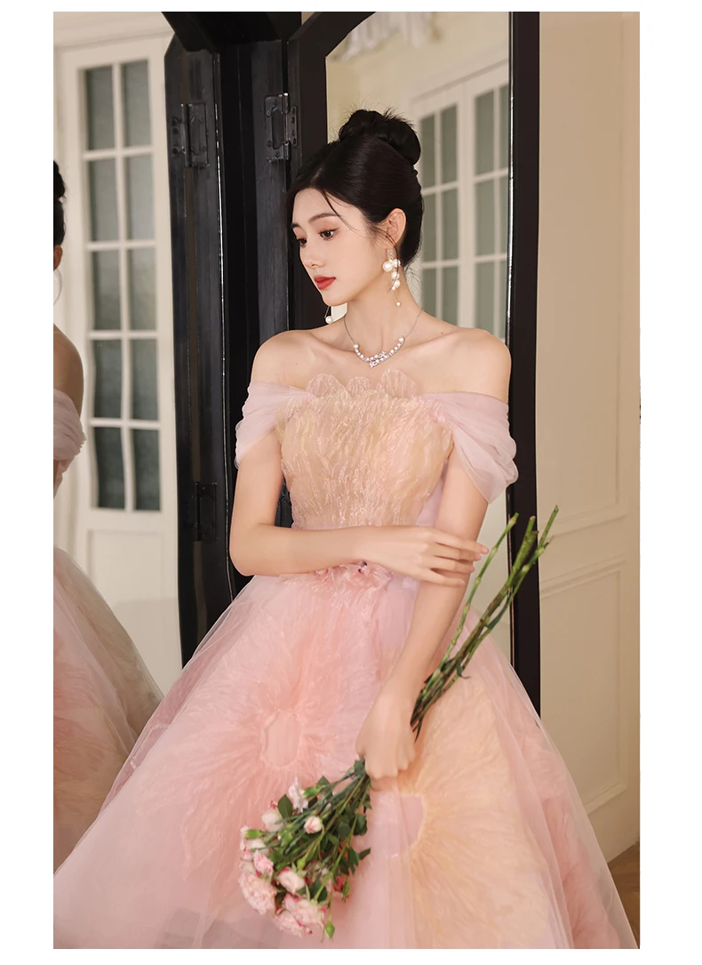 Vestido de fiesta Hi Lo, vestido de baile rosa con hombros descubiertos, con cordones en la espalda, capas de tul, bordados florales, vestidos de fiesta L & P DQL Studio