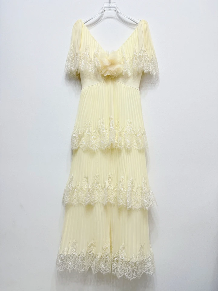 2026 summer new V-neck lace patchwork chiffon pleated dress