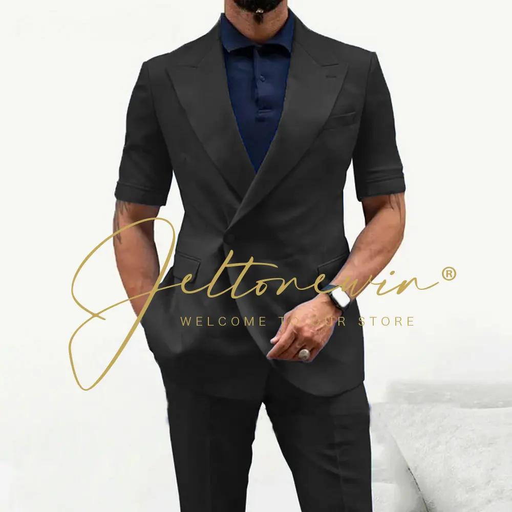 Casual Men's Suits Double Breasted Short Sleeve Male Clothing Wedding Prom Groom Formal Summer Beach Jacket Pants 2 Piece