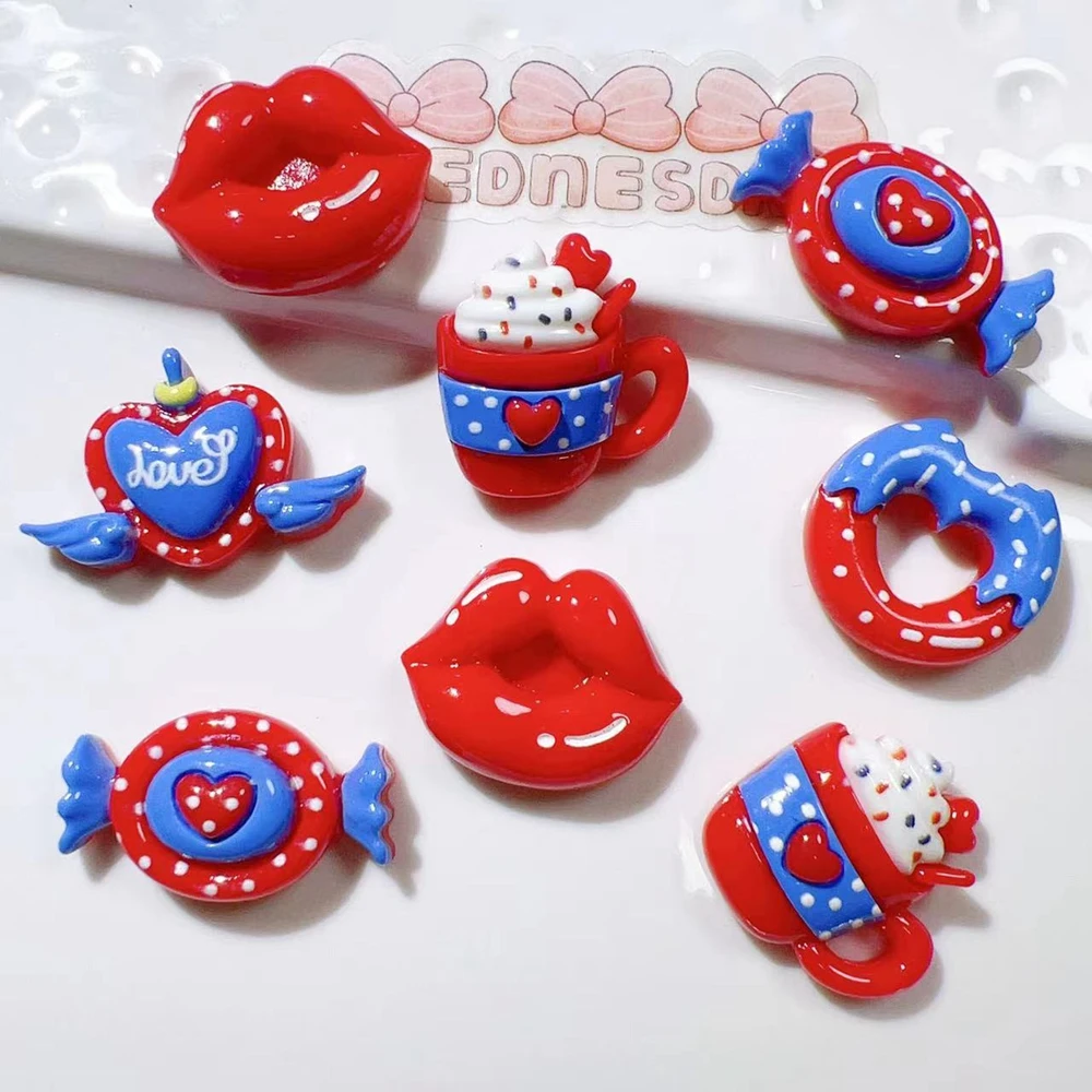 10Pcs New Cute Resin Cartoon Candy Lollipop Donut Lips Series Flat Back Manicure Parts Embellishments For Hair Bows Accessories