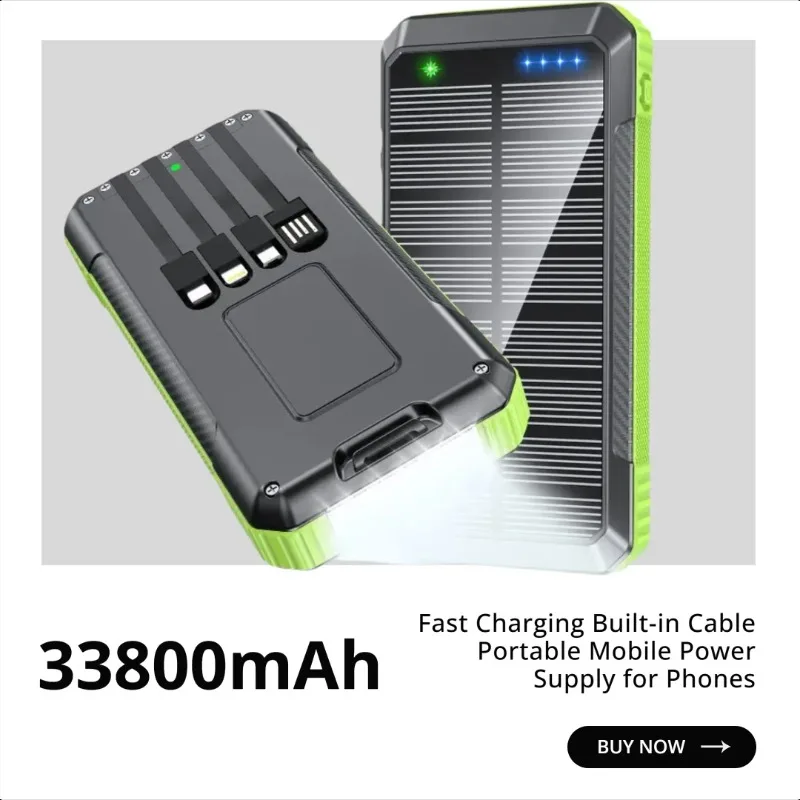 

Outdoor Solar Power Bank 33800mAh Fast Charging Built-in Cable Portable Mobile Power Supply for Phones