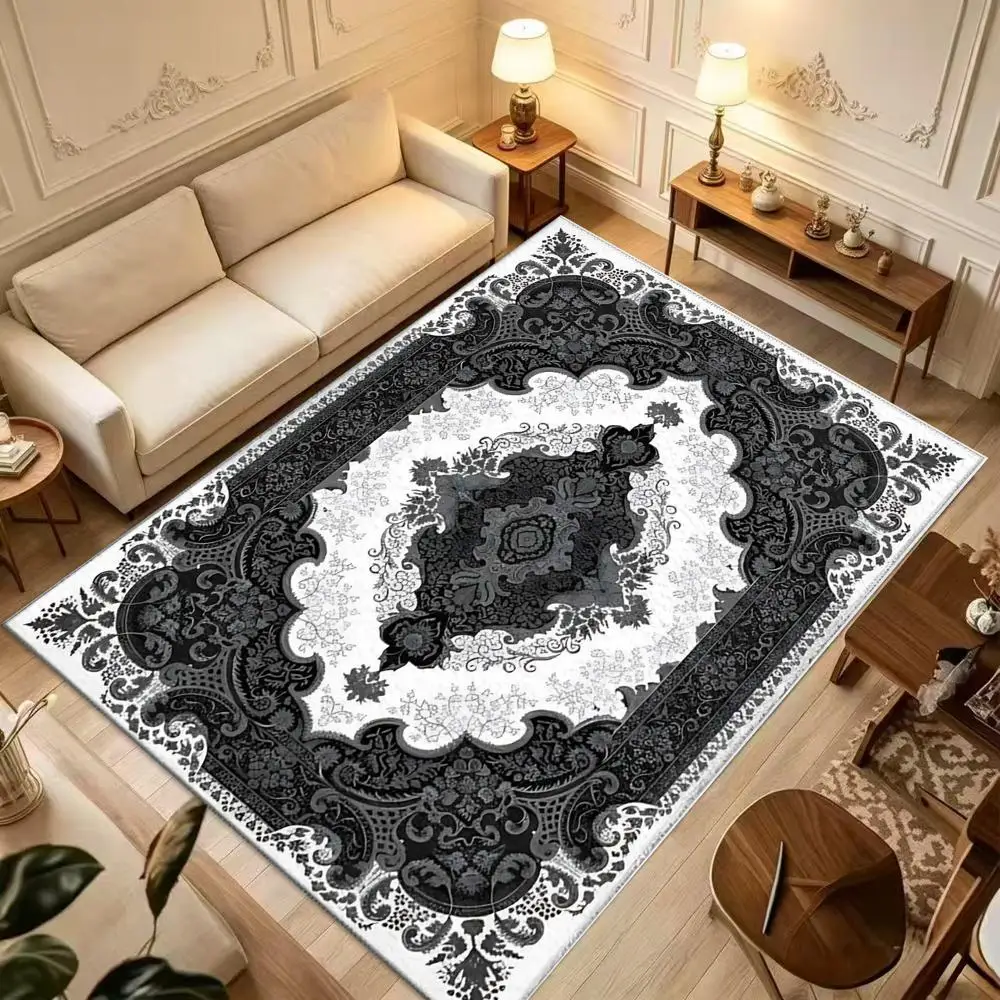 Black White Vintage Ornate Square Area Rug Classic Persian Medallion Non-Woven Floor Carpet for Home Living Room Decor