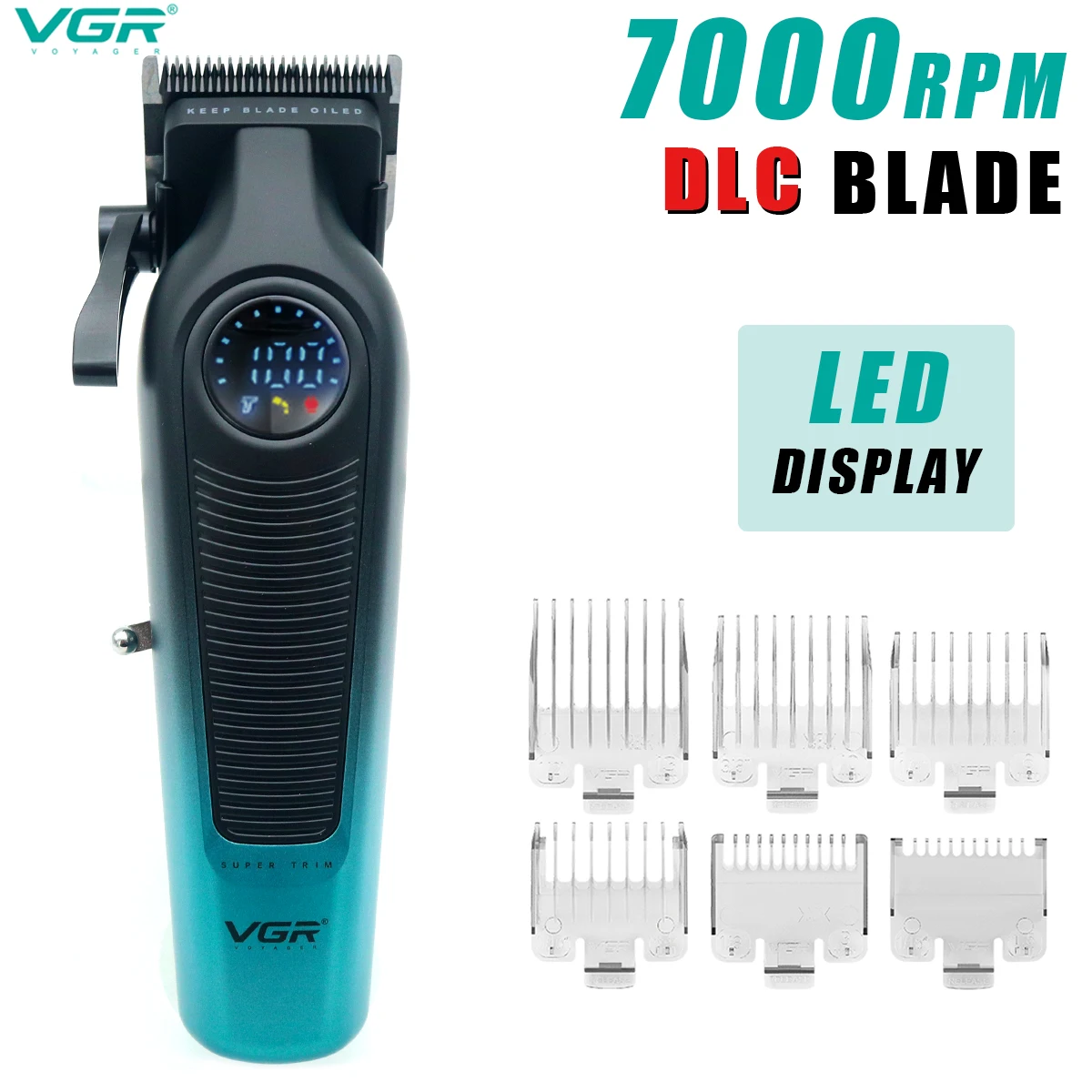 VGR V-196 Men's Hair Clipper DLC Blade LED Display Cordless USB Ceramic Blade Professional Hair Cutting Machine Hair Trimmer