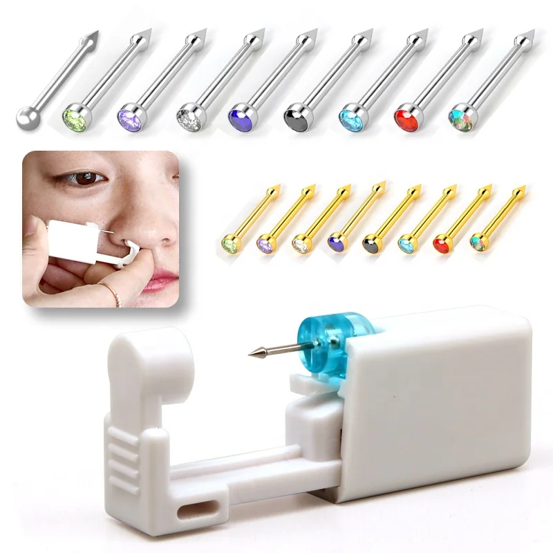 Disposable Nose Piercing Gun Kit with Built-in White Diamond Stud Personal Nose Body Piercing Tool Nose Ring Piercer