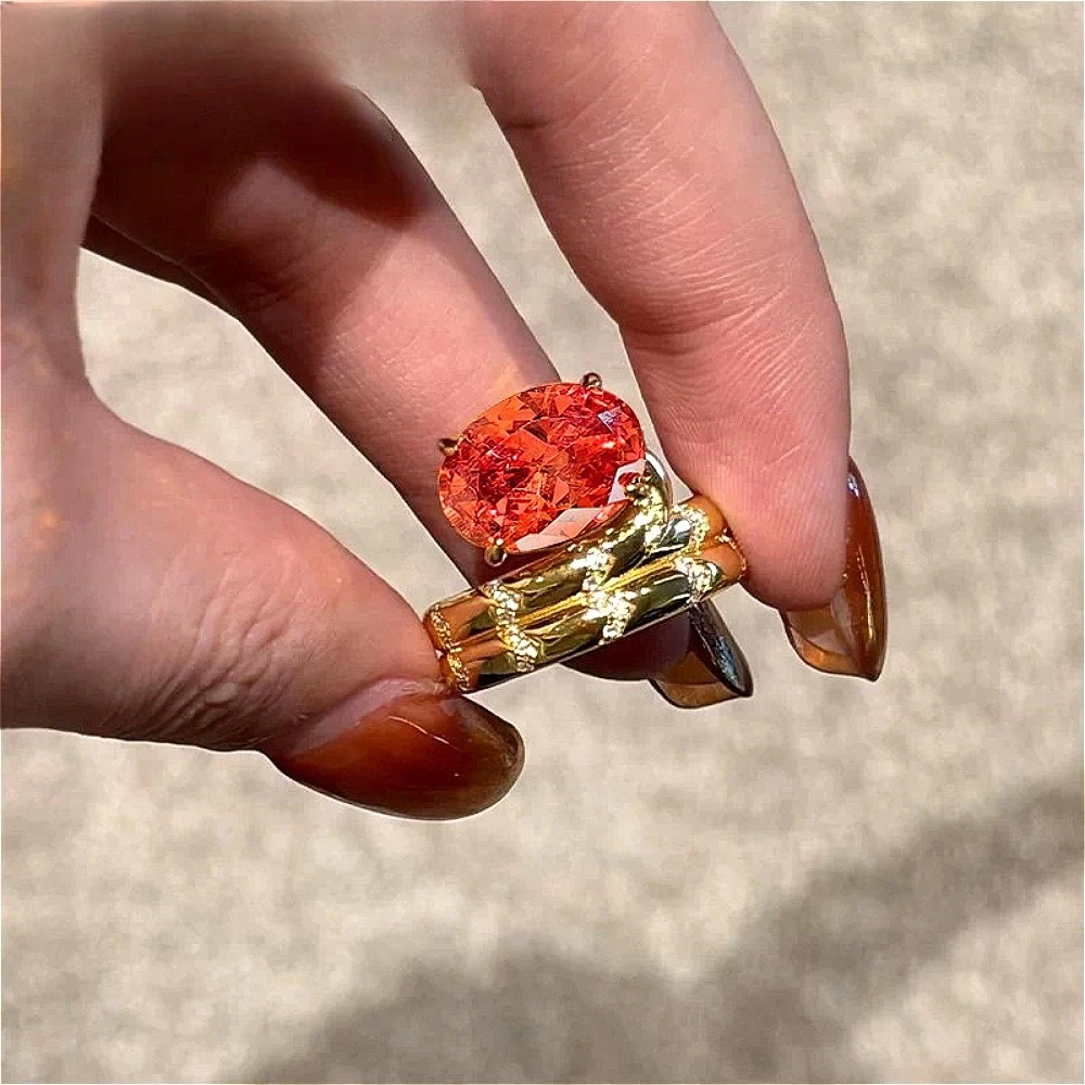 Retro 925 Sterling Silver Ring with Fanta Orange Zirconium Orange Soda Style High-End Exquisite Jewelry Accessory