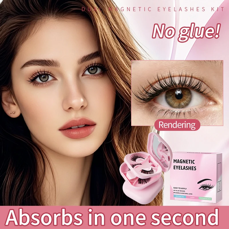 2 Pairs Magnetic False Eyelashes Set, Double‑Layer Integrated Case, Fox‑Eye Camellia Style, Glue‑Free, Natural Dense Makeup