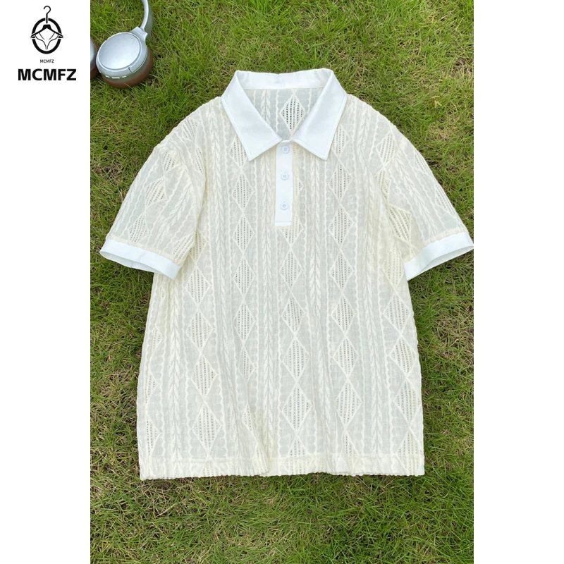 Men Streetwear Diamond Jacquard Polo Short Sleeve Top Lapel Neck Textured Weave Relaxed Fit For Casual Gathering Outing Scenes