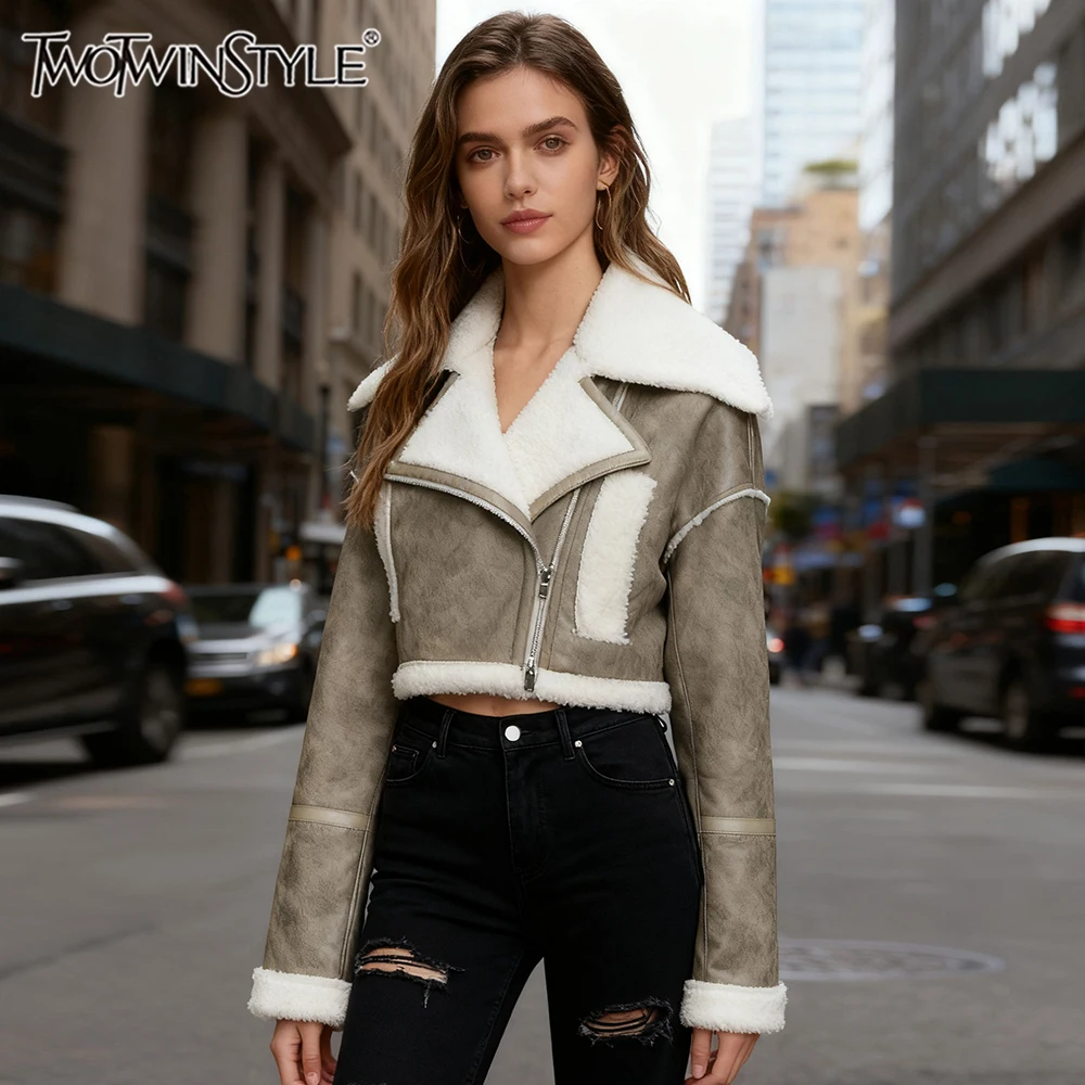 TWOTWINSTYLE Hit Color Slimming Fashion Leather Jackets for Women Lapel Long Sleeves Patchwork Flocking Jacket Female Clothing