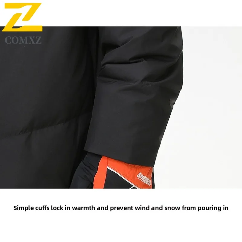 COMXZ Men Long Down Jacket Classic Hooded Outdoor Mountaineering Windproof Parka Solid Color Travel Lightweight Winter Down Coat