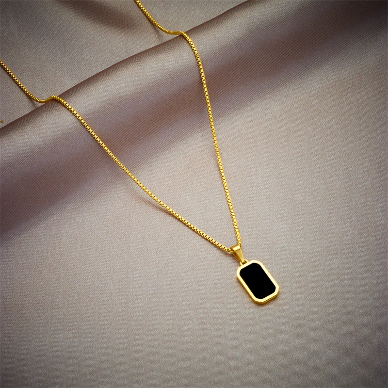 LAMENGLY 316L Stainless Steel Black Rectangular Pendant Necklace For Women New Fashion Girls Exquisite Neck Chain Jewelry Gifts