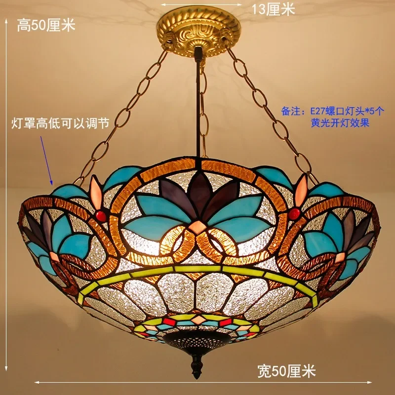 40cm Tiffany Mediterranean Stained Glass Pendant Light Vintage Hanging Lamp for Dining Room Kitchen Light Fixture Home Art Decor