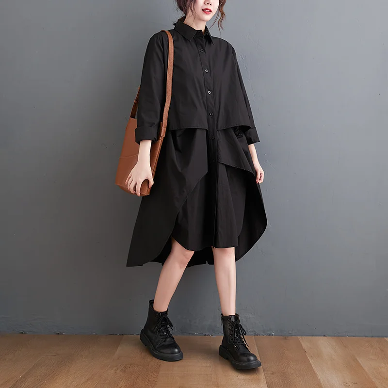 #4096 Black White Women Asymmetric Shirt Dress Long Sleeves Casual Front Button Shirt Dress Polo Neck Loose Sexy Dress Spring