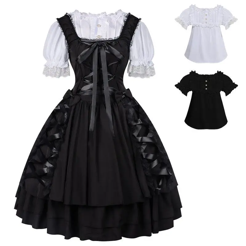 

k Folded Puffy Skirt Set Medieval Stpunk Victorian Dance Women's Ethnic Costume Stage Performance Clothing Set