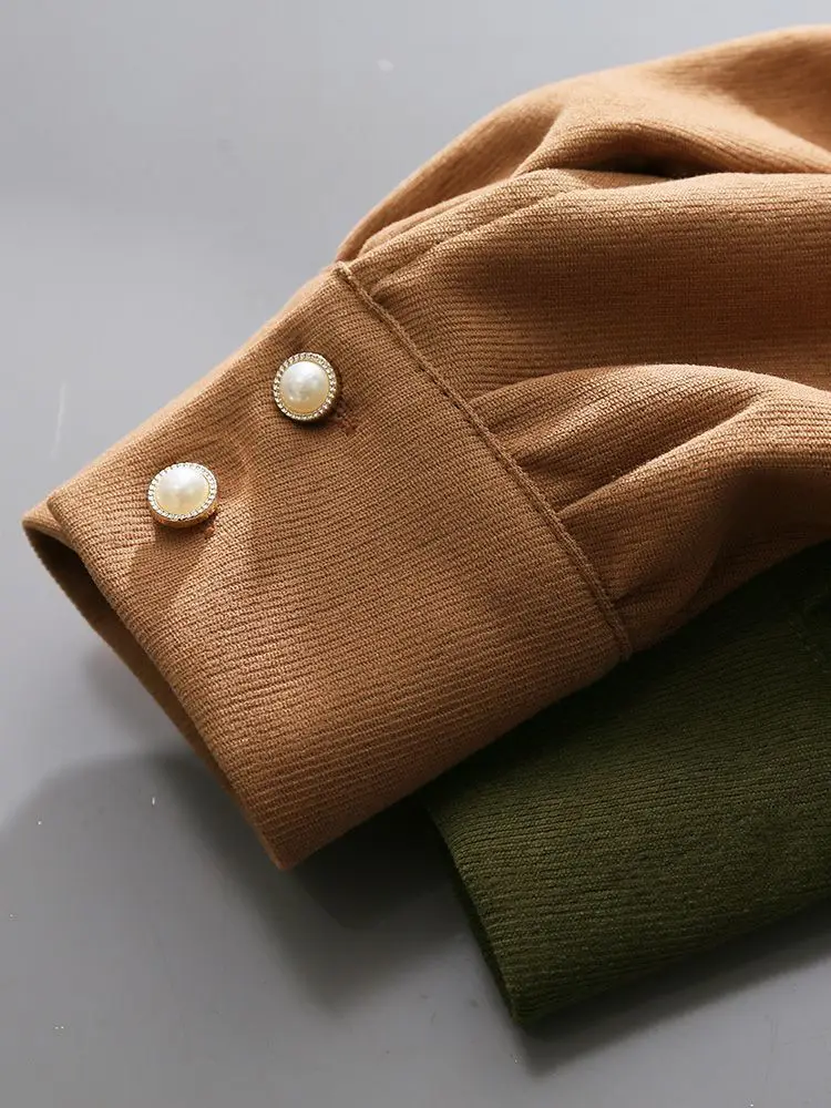 Brushed Corduroy Lapel Long-sleeved Shirt Women\'s Autumn and Winter New Design Chain Retro Shirt Thickened Bottoming Top