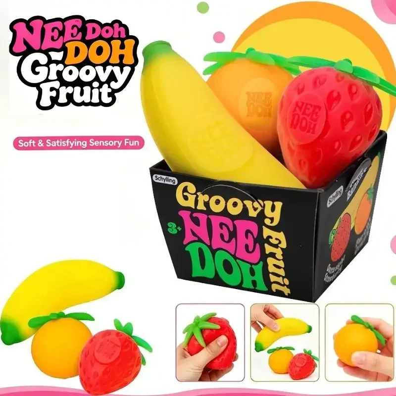 3Pcs Simulated Fruit Squishy Toy Set Strawberry Banana Orange Fidget Toy Soft TPR Stress Relief Anti-Anxiety Sensory Squeeze Toy