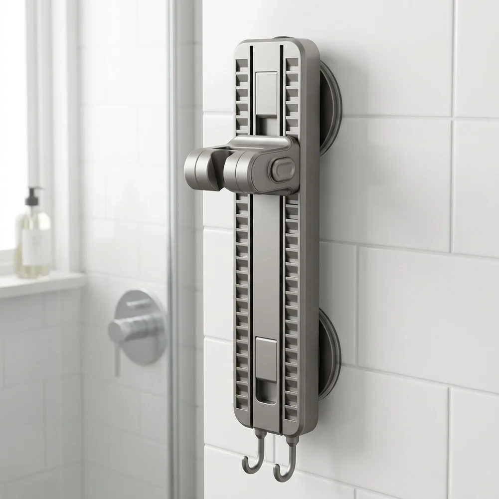 Non-Permanent Shower Head Mount with Dual Vacuum Suction and Adjustable Height plus Full 360 Degree Orientation Control