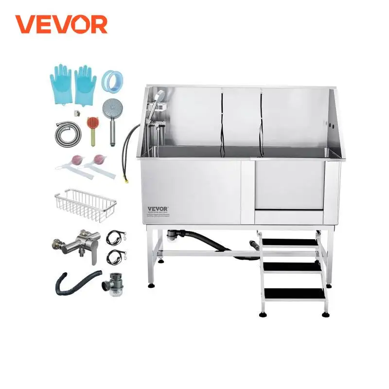 VEVOR 62" Pet Dog Bathing Station Stainless Steel Dog Grooming Tub with Stairs Faucet  Accessory Bathtub for Large Pet Washing