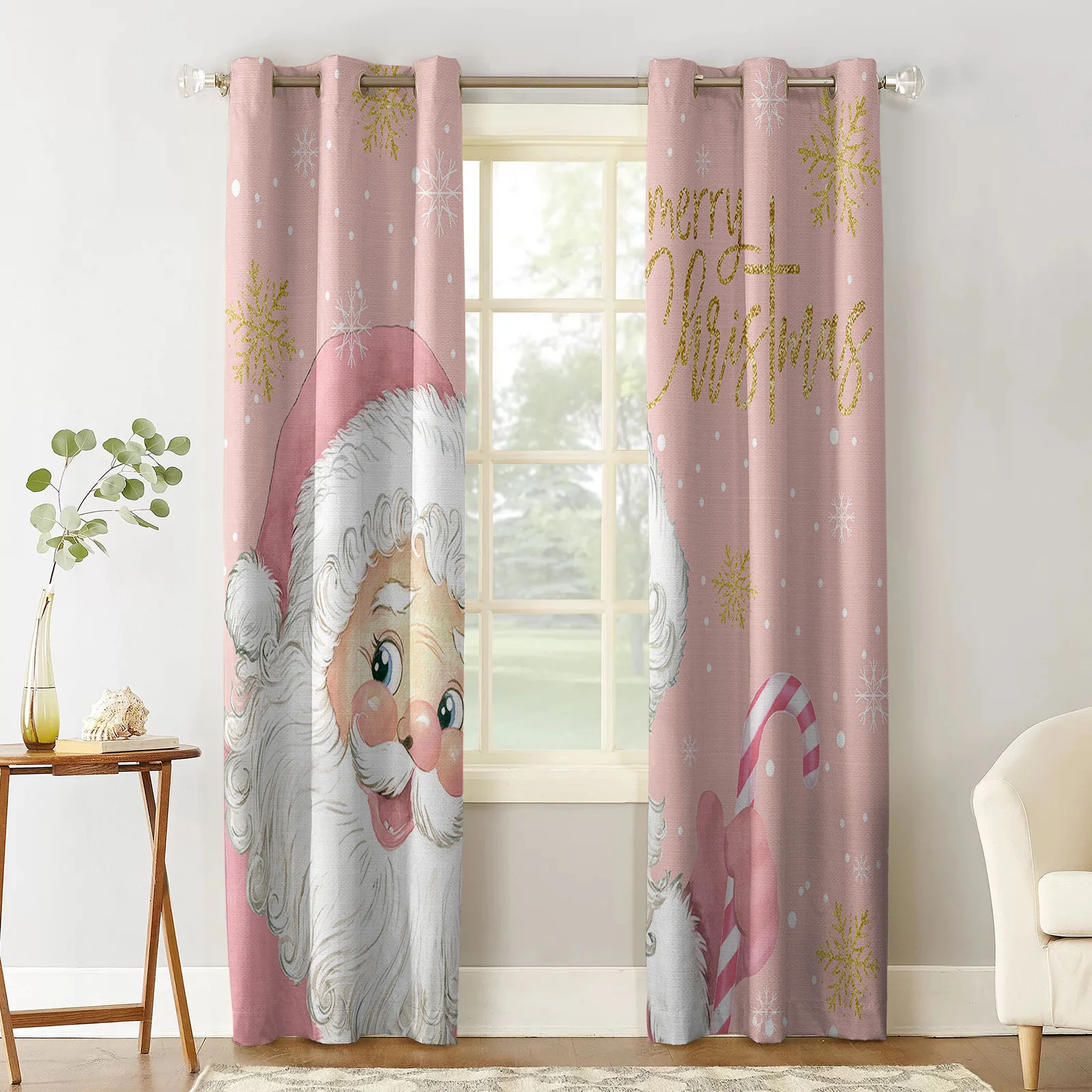 Christmas Pink Santa Claus Snowflake Candy Blackout Curtains Kids Home Decor Bedroom Living Room High Shading Window Curtains