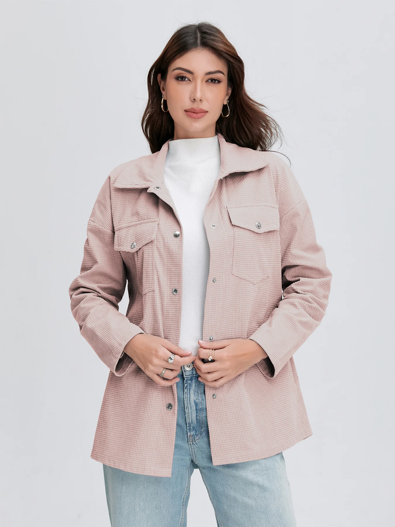 سترة نسائية قصيرة ذات لون نقي وياقة على شكل طية صدر وجيوب للخريف والشتاء، سترة أنيقة للارتداء اليومي في الهواء الطلق #2