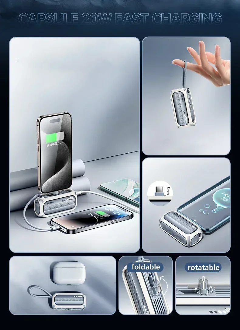 5000mAh Mini Power Bank With Cable PD20W Type-C External Spare Battery Fast Charger Portable Small Powerbank For iPhone Samsung
