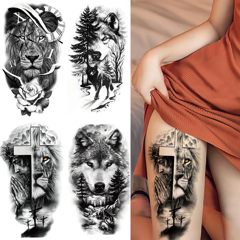 Full Arm Temporary Tattoo Sticker Forest Lion Tiger Tatto Stickers Women Men Wolf  Body Art Arm Neck Fake Tatto Waterproof