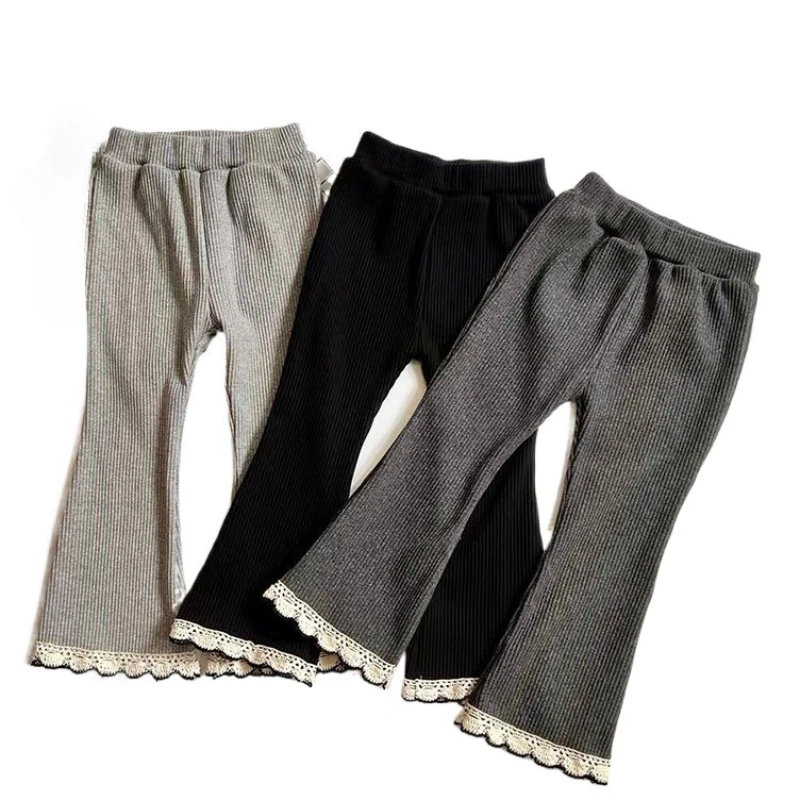 1-10T Spring Autumn New Children Solid Color Lace Bellbottom PantsChildren Casual Versatile Pants Slim Stripes Girls Leggings