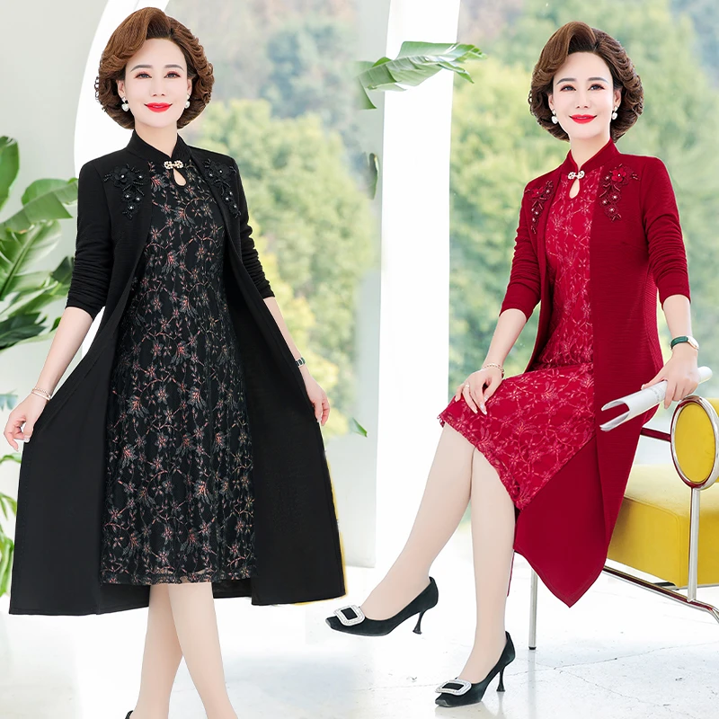 

Middle-aged Mother Autumn Noble Women's Dress Women's Clothing Vestidos Fake Two-piece Suit Western Style Jacket Feast Dress