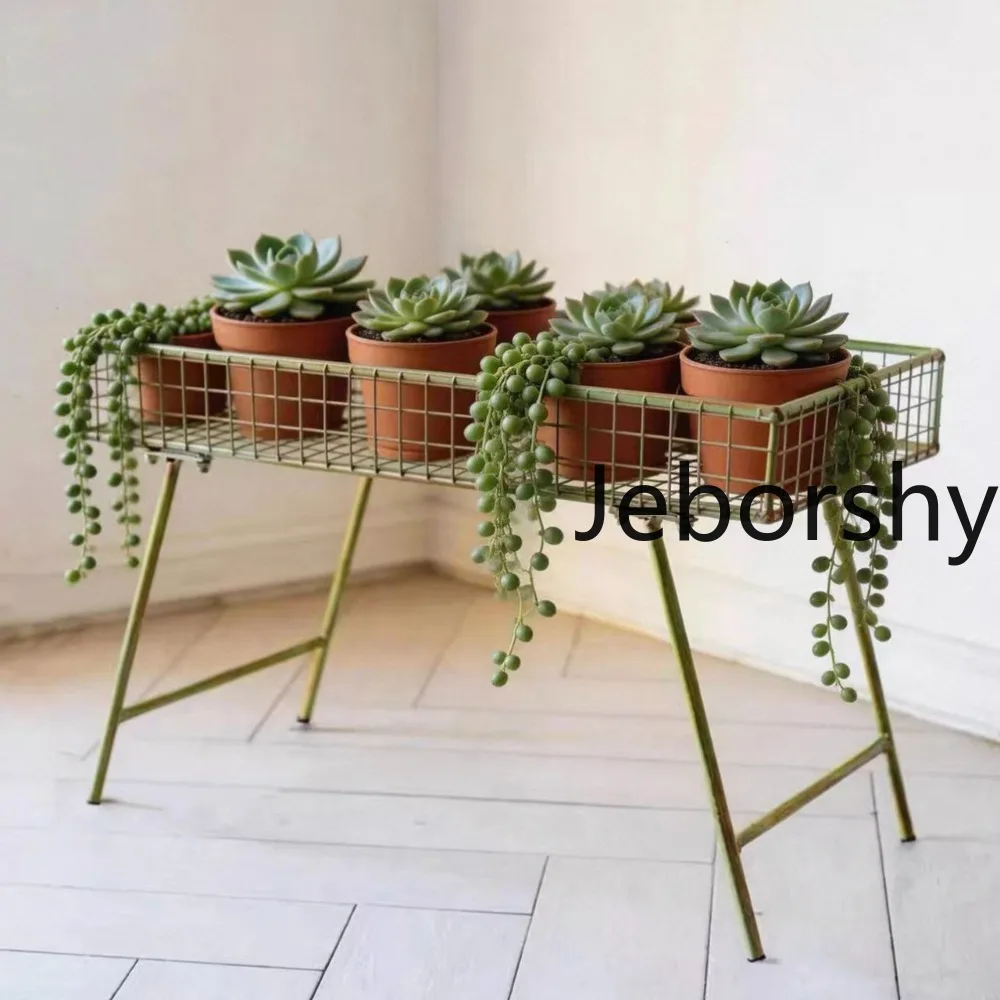 2026 New Vintage Green Metal Wire Plant Stand Rustic Grid Storage Table for Indoor Outdoor Balcony Garden Decor Fast Shipping