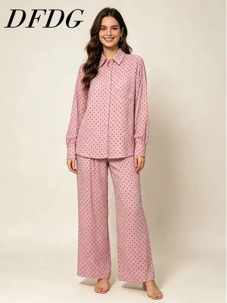 

DFDG Women 2026 Spring Summer Polka Dot Two Piece Outfit Button Down Shirt High Waist Wide Leg Pants Casual Loungewear Set