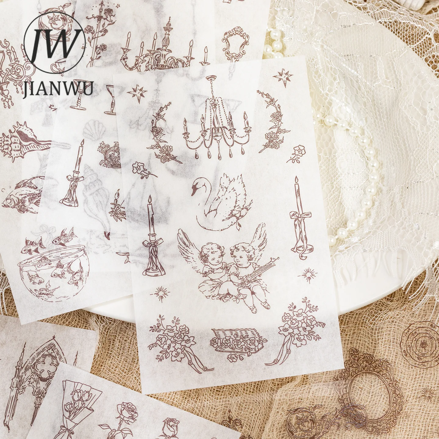JIANWU Vintage Line Drawing Character Lamp Landscape Material Collage Scrapbooking Sticker Book Creative DIY Journal Stationery