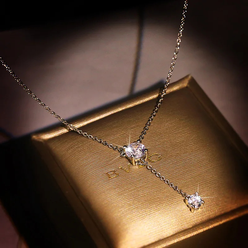 925 Silver Women\'s Luxury Zircon Pendant Necklace Round Cut Cubic Zirconia Necklace Charms Bride Wedding Chain Necklace Gift