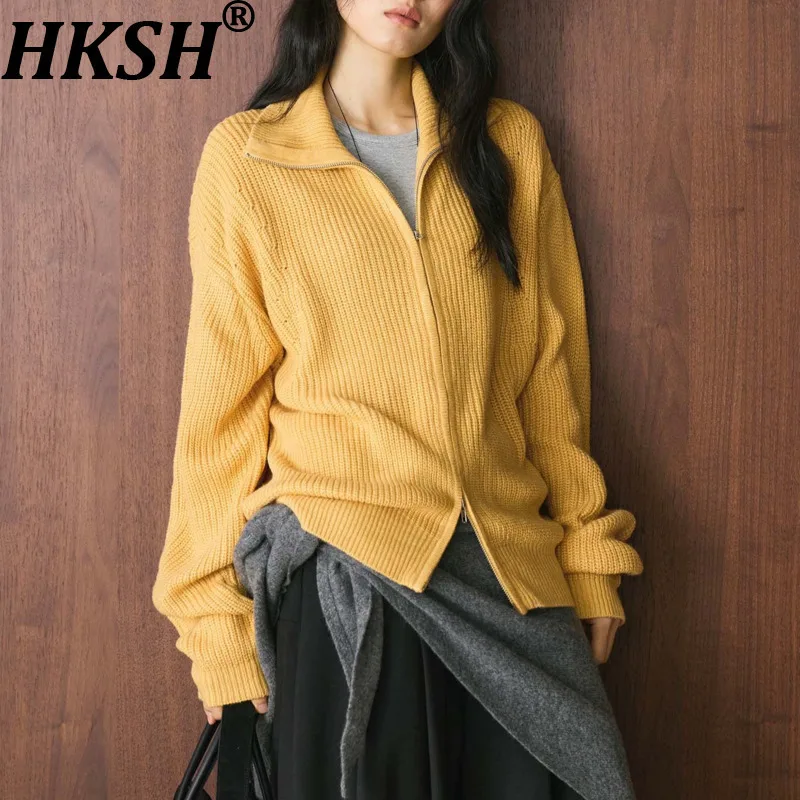 

HKSH 2025 Autumn Winter New Women Sweater Double-zipper Solid Color Versatile Korean Casual Knitted Cardigan Elegant Top HK15689