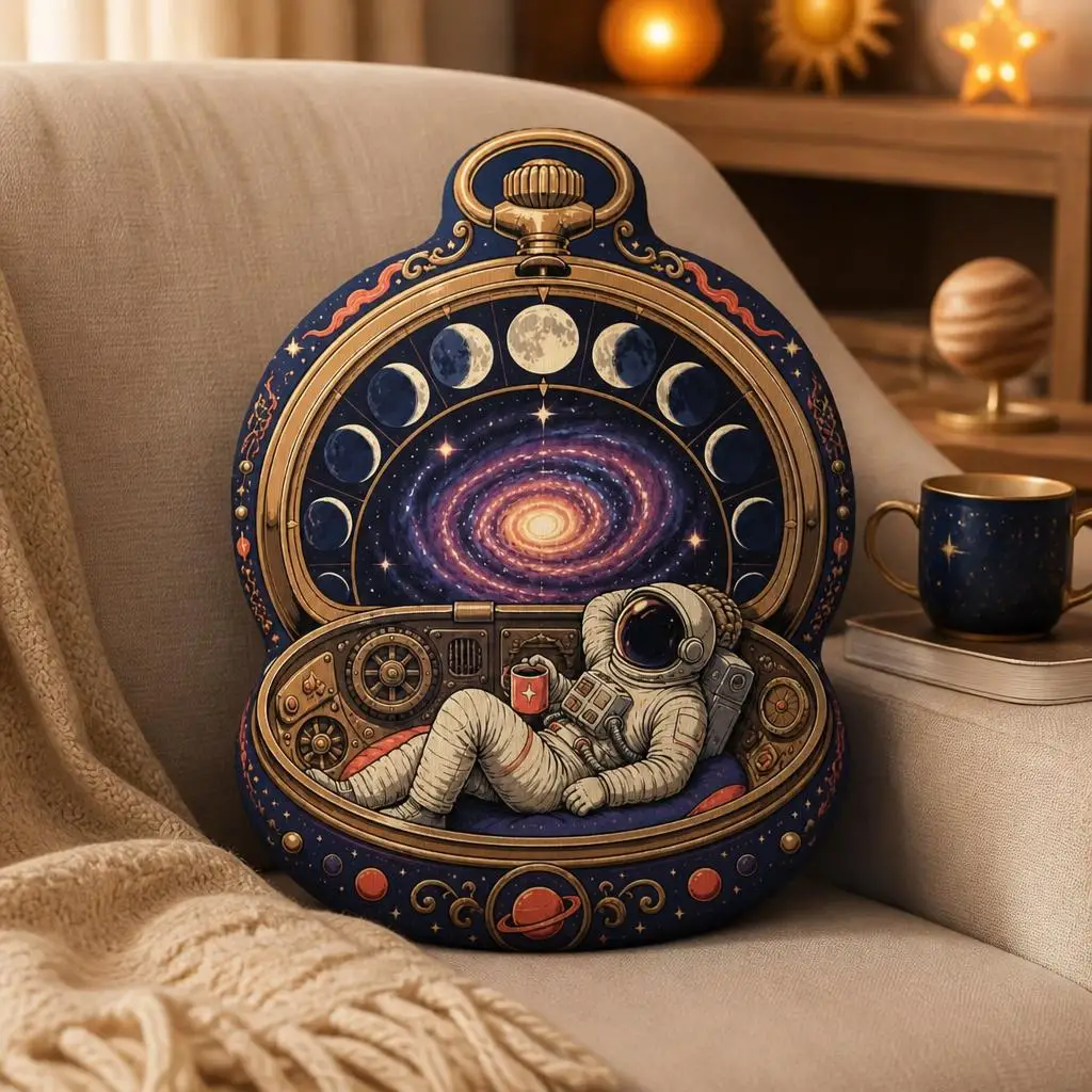 Astronaut Pocket Watch Pillow Galaxy Moon Phase Cushion Space Explorer Plush Stuffed Throw Pillow Cosmic Home Decor Gift