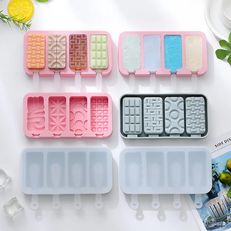 

4 Cavities Simple Ice Cream Silicone Mold With Lid Popsicle Ice Cube Tray Mold Homemade Cheese Sticks Gifts Kitchen Accessories