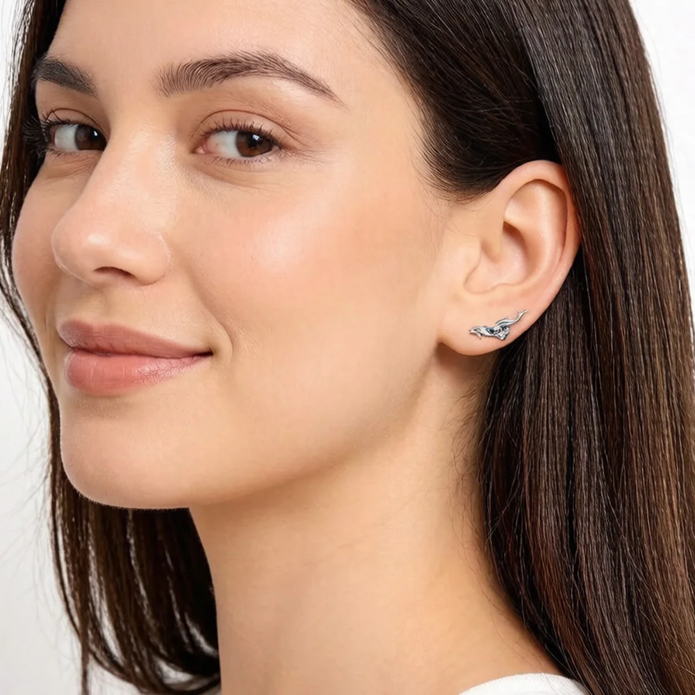 Ear Climber Dolphins With Blue Stones,Europe Style Fine Jewerly For Women Handcrafted Gift In 925 Sterling Silver