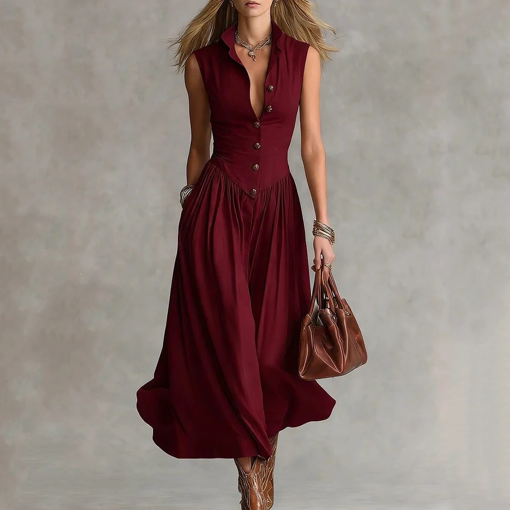 

Women's Elegant Linen Blend Sleeveless Maxi Dress Stand Collar Button Front Pleated Slim Fit Summer Office Lady Fashion Dresses