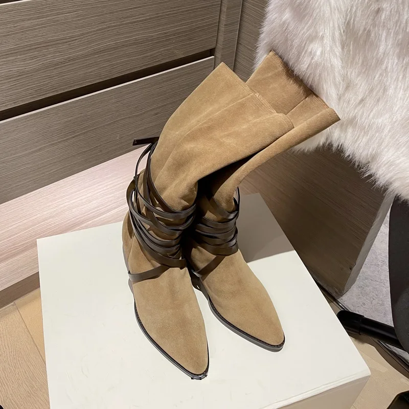 

Cross-Tied Spring Autumn Woman Boots Pointed Toe Western Boots Woman Slip On Simple Pleated Shoes Cow Suede Daily Botas